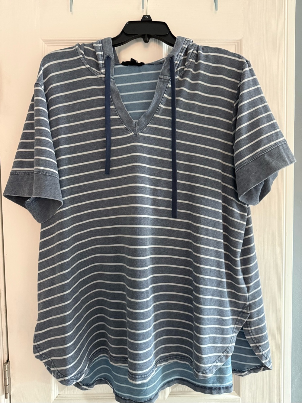 Blue Striped Hooded V-Neck Short Sleeve Shirt